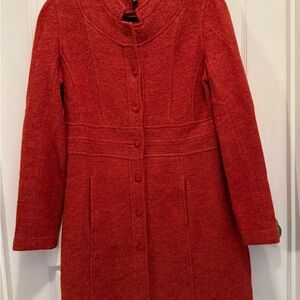 Wool coat color burnt orange size medium knee length 2 small holes see pictures
